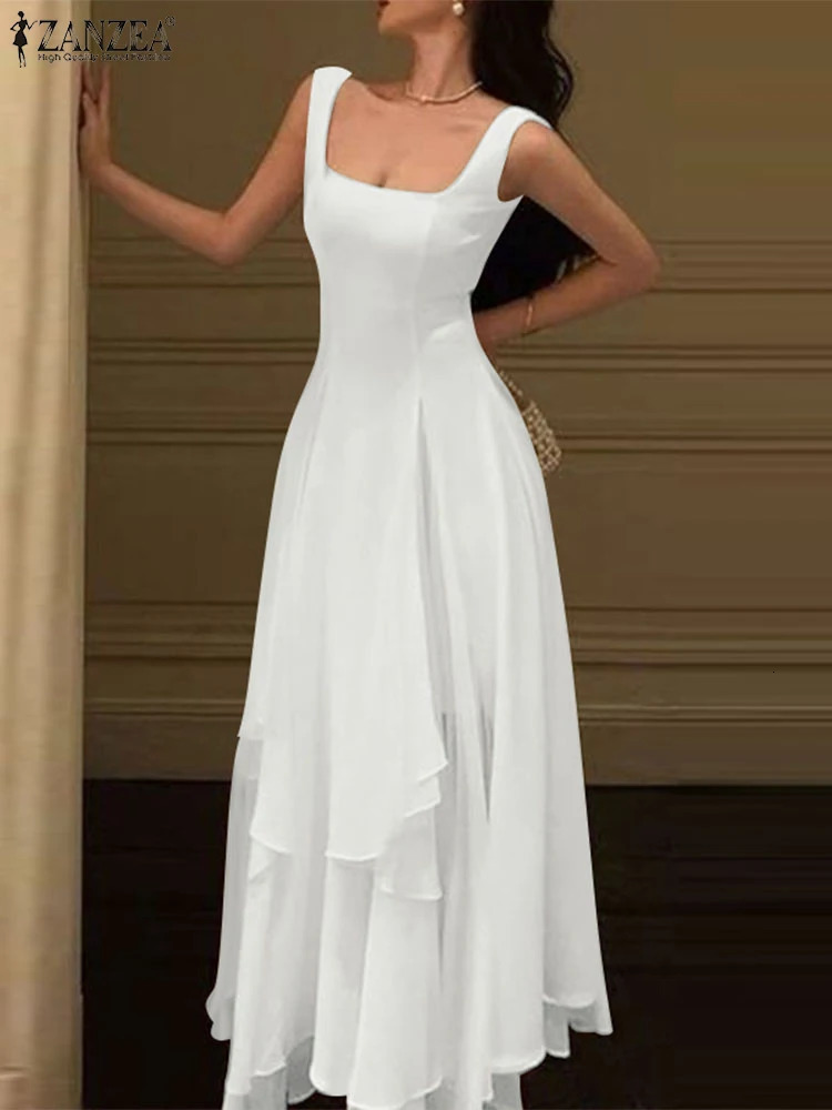ZANZEA Women Elegant Party Dress Summer Sleeveless Square Collar Sexy Ruffled Maxi Sundress Casual Solid Long Vestidos Robe 250520