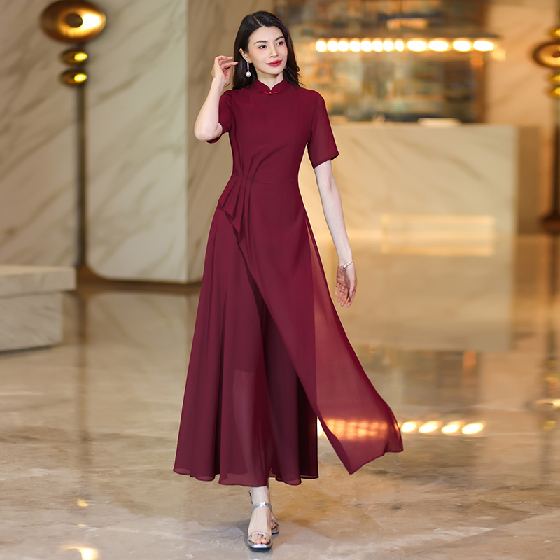 summer chinesestyle cheongsam dresses for women exuding highend elegance and graceful charm with short sleeves printed chiffon fabric and a onepiece d