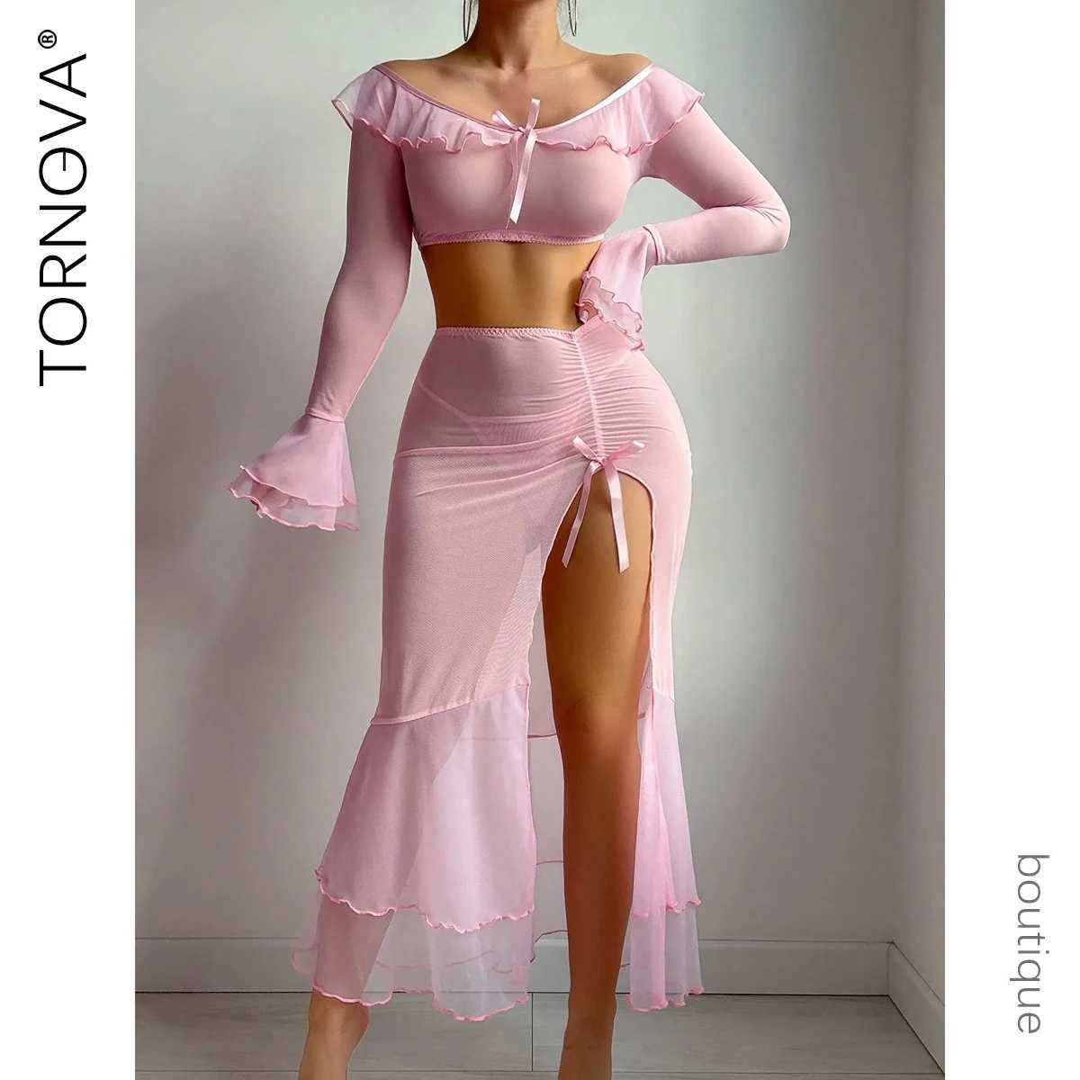 Sexy Suit Mesh Ruffled Slit Ruffled Lingerie Suit One-shoulder Slutty Hip-packing Skirt Sexy Slim Short Set New R250520