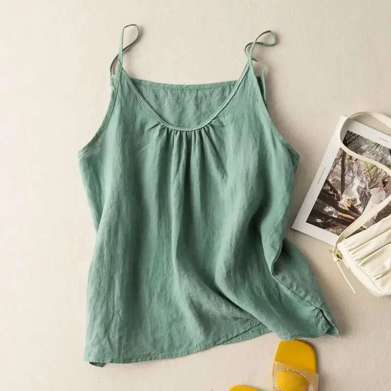 Fashion COTTON Linen Spaghetti Strap Tank Solid Versatile Women Top New Summer 2024 Casual Loose Retro Black Tanks & Camis