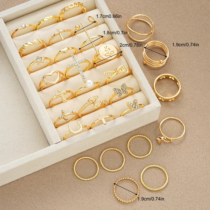 30pcs/Set Fashion Cross Love Rhinestone Ring Simple Wave Metal Circle Hollow Geometric Rings For Women Trendy Jewelry Gifts 250519