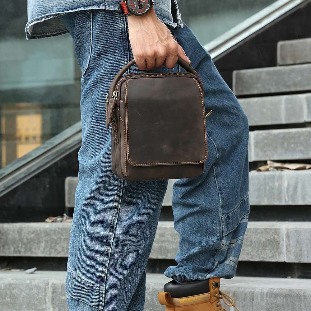 JOYIR Crazy Horse Leather Small Messenger Bag Men Vintage Shoulder Crossbody Bags For 7.9"Ipad Work Business Travel Handbag
