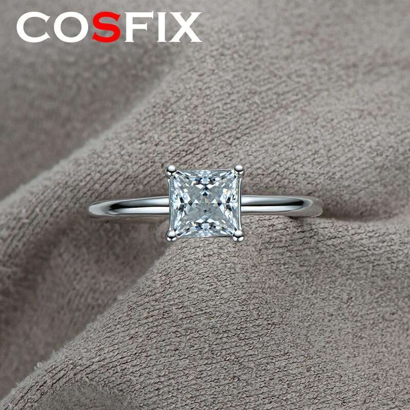 COSFIX Sterling Silver Engagement Ring for Women 1.0ct D Color Princess Cut Moissanite Promise Anniversary Rings Jewelry Gifts
