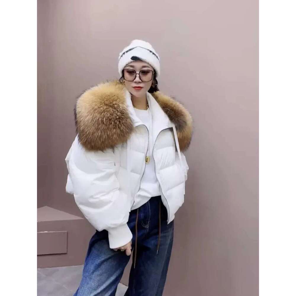 2024 Winter Puffer Jacket Women Large Real Raccoon Fur Collar Short Female Parkas Thick Warm 90% Duck Down Coat Loose