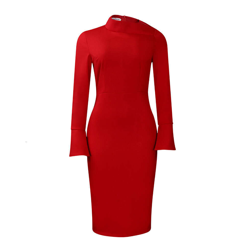 Women's Wear Women's New Fashionable And Elegant Long Sleeved Diagonal Neck Wrapped Hip Elastic Knitted OL Pencil Dress