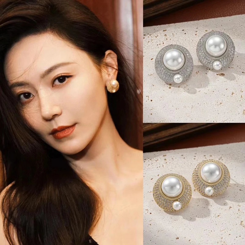 SENYU Charm Buttons Stud Earrings Paved Cubic Zircon with Pearl for Dubai Party Jewelry Indian Bridal Earring 250517