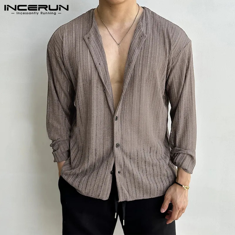 INCERUN Men Shirt Striped V Neck Long Sleeve Button Streetwear Clothing Autumn Knitted Korean Style Casual Shirts S5XL 250520