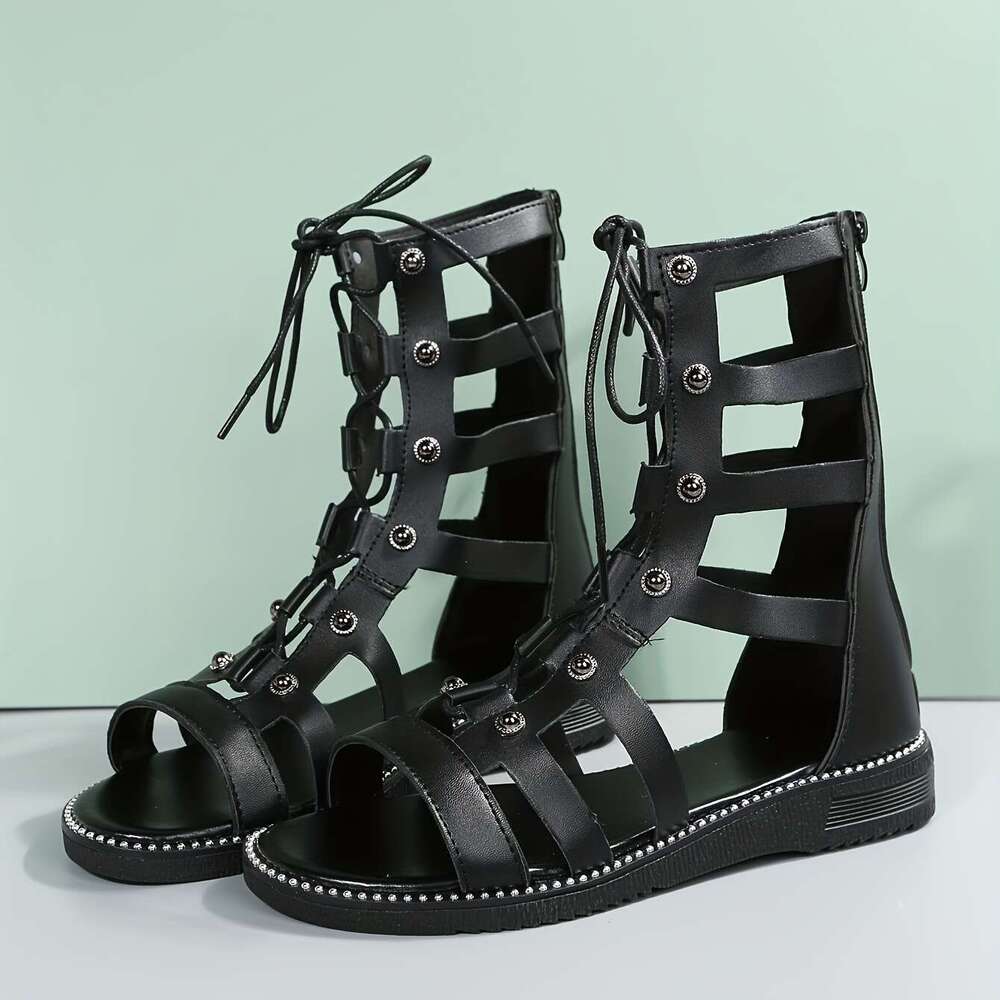 Women's Cutout Design Flat Casual Open Toe Lace Up Sandals, Comfortable Back Zipper Summer Sandals