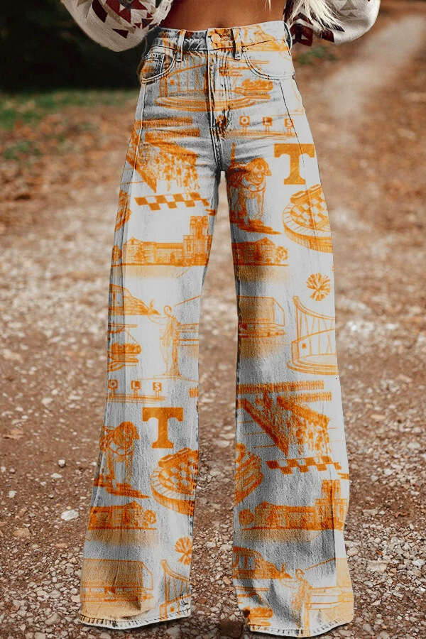 2025 Women's Casual High-Waisted Wide-Leg Jeans - Printed Stretch Fabric