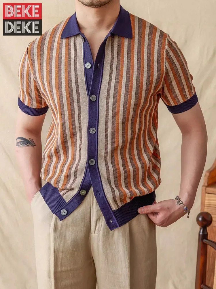 Summer Mens Mixed Colors Lapel Collar Single Breasted Slim Fit Knitted Shirt Business Men Work Breathable Short Sleeve Top 250520