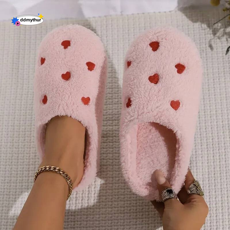 Winter Women's Heart-Shaped Slippers Love Mute Soft Sole Shoes Indoor Comfortable Cute Silent Carpet Light Living Room ddmythur