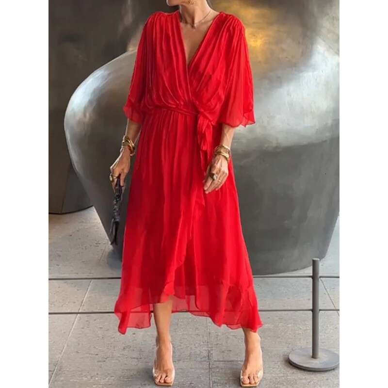 Dress Designer Summer Dresses Partydress June Buttock Womandress 2025 New Womens Solid Color Lace Up Long Skirt with Bat Sleeves Style Dress in Plus S