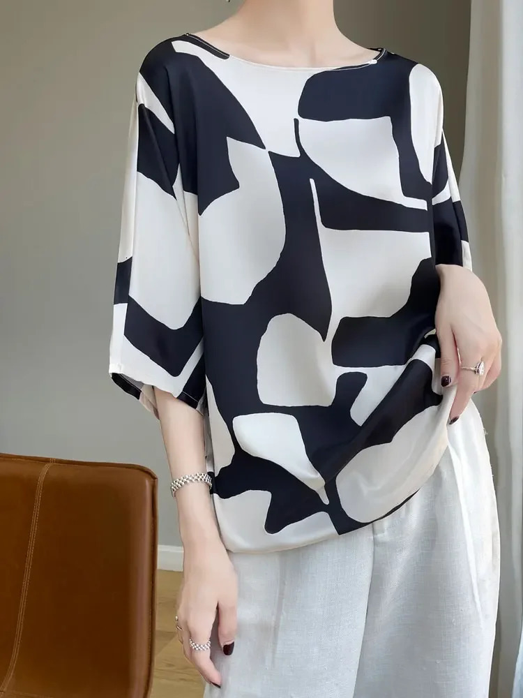 Summer Artificial Silk Satin Blouse Tee Women Slash Neck Thin Smooth Tshirt Silky Drop Shoulder Half Sleeve Loose Shirt Tops 250520