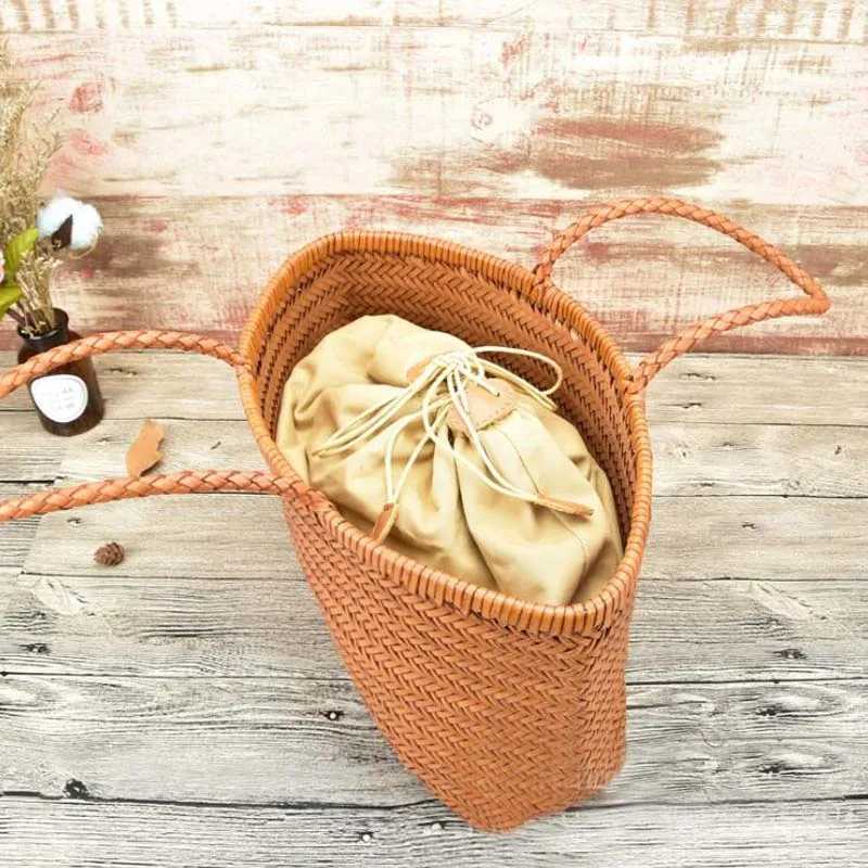 Women Leather Weave Handbags Feminine Handmade Woven Bucket Bag With Cotton Inner Pockets Casual Knitting Leather Handle Bags M250520