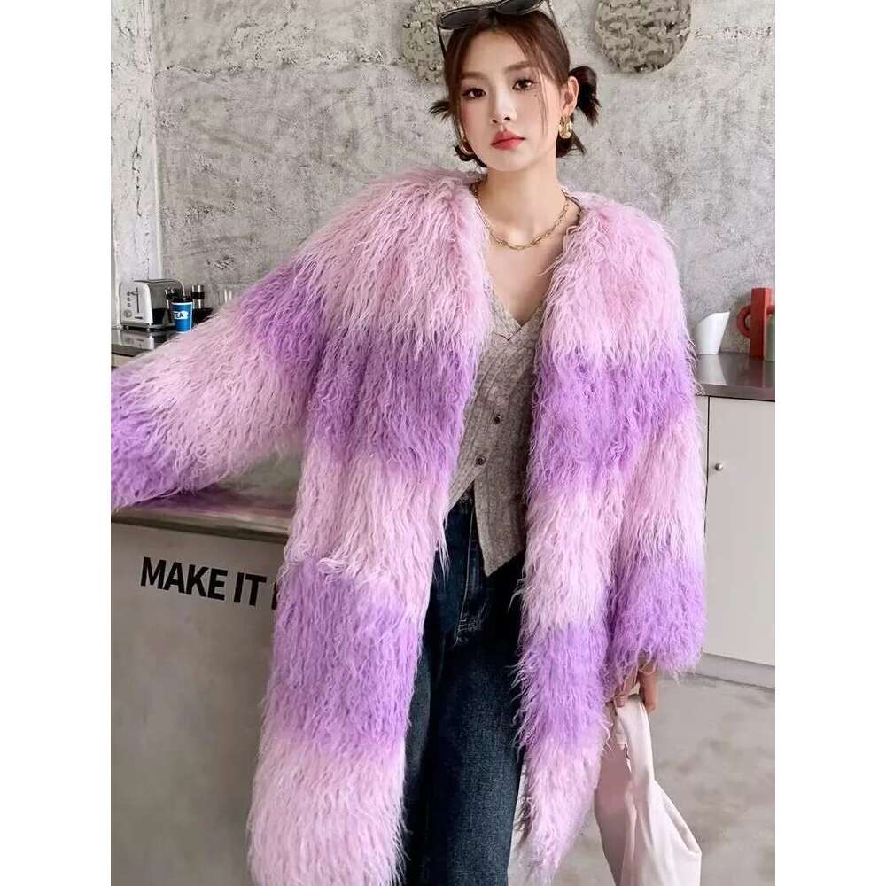 ZADORIN 2025 Fluffy Faux Sheep Coat Women Contrast Color V Neck Long Winter Jackets Woman Clothes Warm Fur Coats