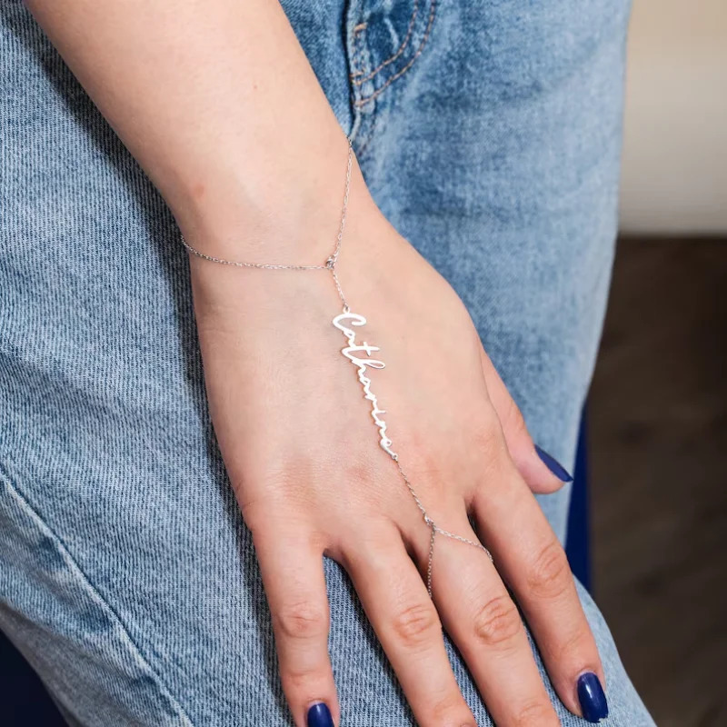 Stainless Custom Name Word Hand Chain Ring Finger Bracelet Personalized Your Name Customized Handwriting Bracelet Women Gift 250520