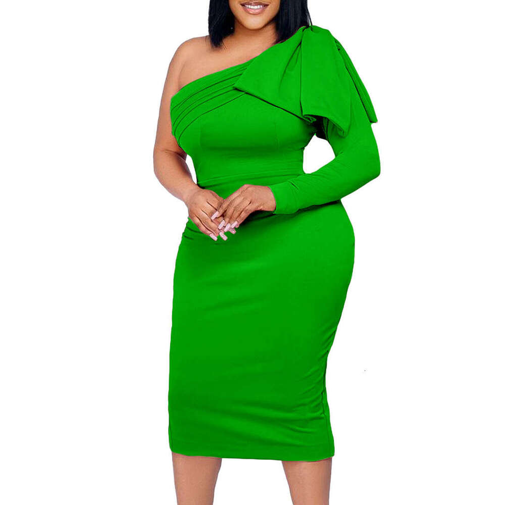 Women's Wear Large Women's New Slant Neck Solid Color Fashion Wrap Hip Sexy Dress
