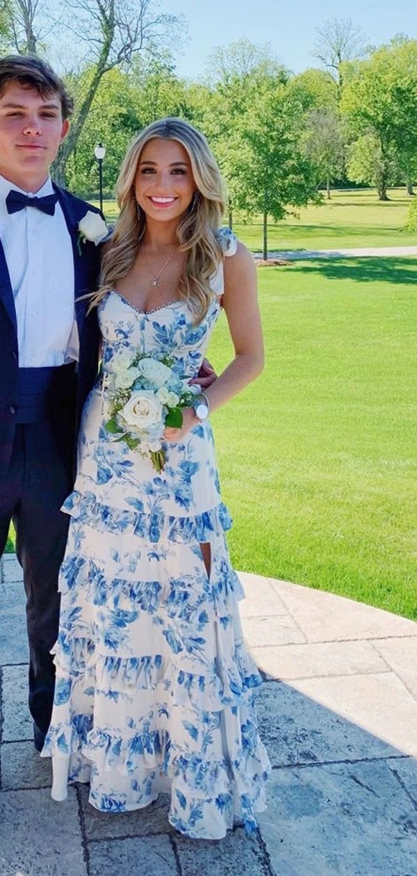 Spaghetti Straps Blue Floral Print Prom Dress Ruffles Tiers Evening Gown Floor length Side Slit Birthday Party Special Occasion Dresses 2025