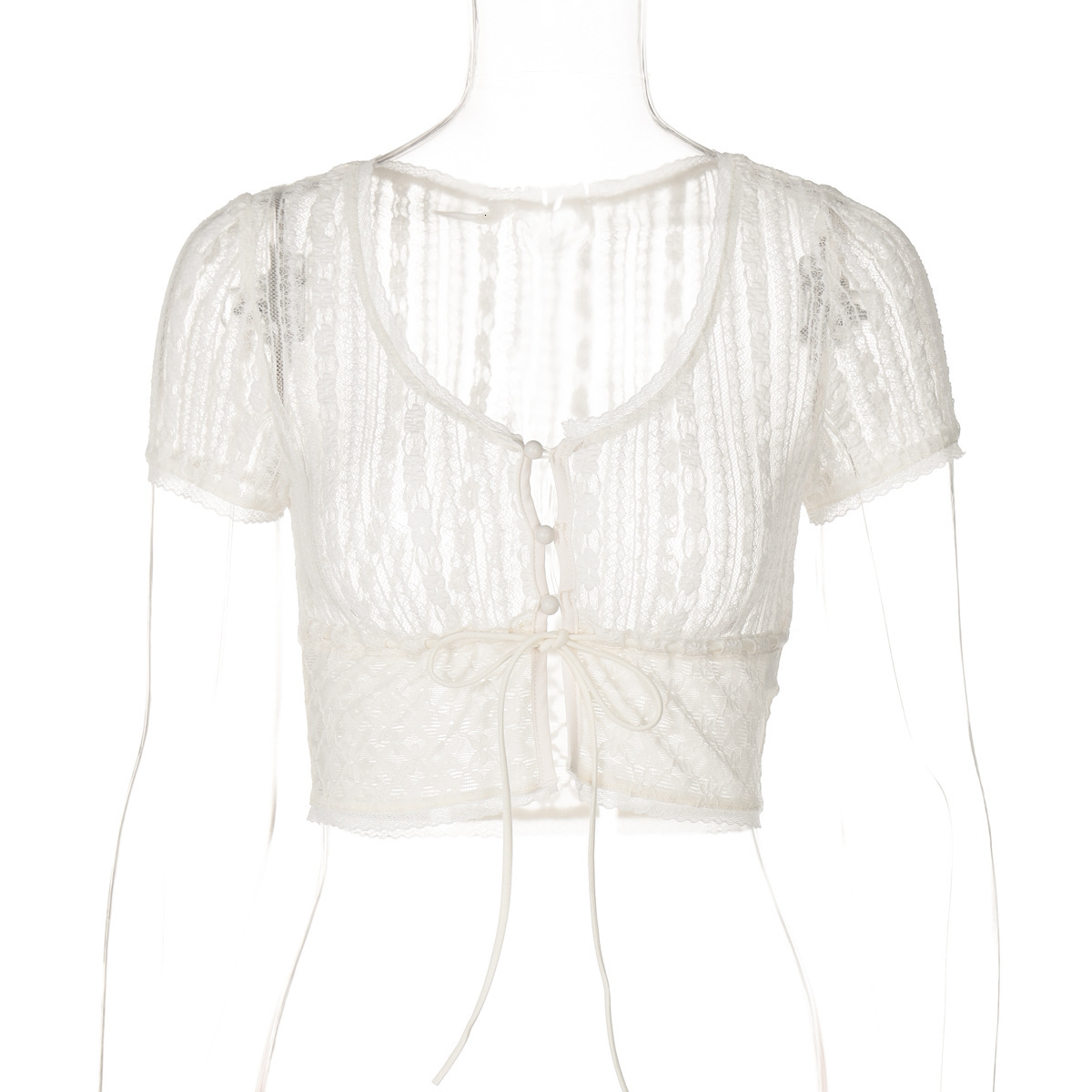 Ins Style New Hot Selling Sexy Ultra Short Exposed Navel Lace See Through Cardigan Slim Fit T-shirt Women's Clothing 2025 New Designer Clothing
