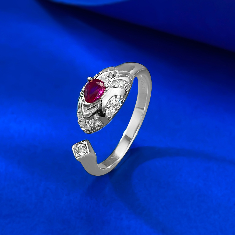 Luxury Retro Chinese Style S925 Silver Snake Open Ring with Ruby Accent