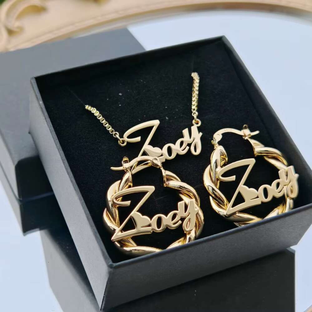 Autumn Cold Stainless Steel 2pcs Necklace with 27mm Twisted Ring Earrings Personalized Name Jewelry Set Cute Gift