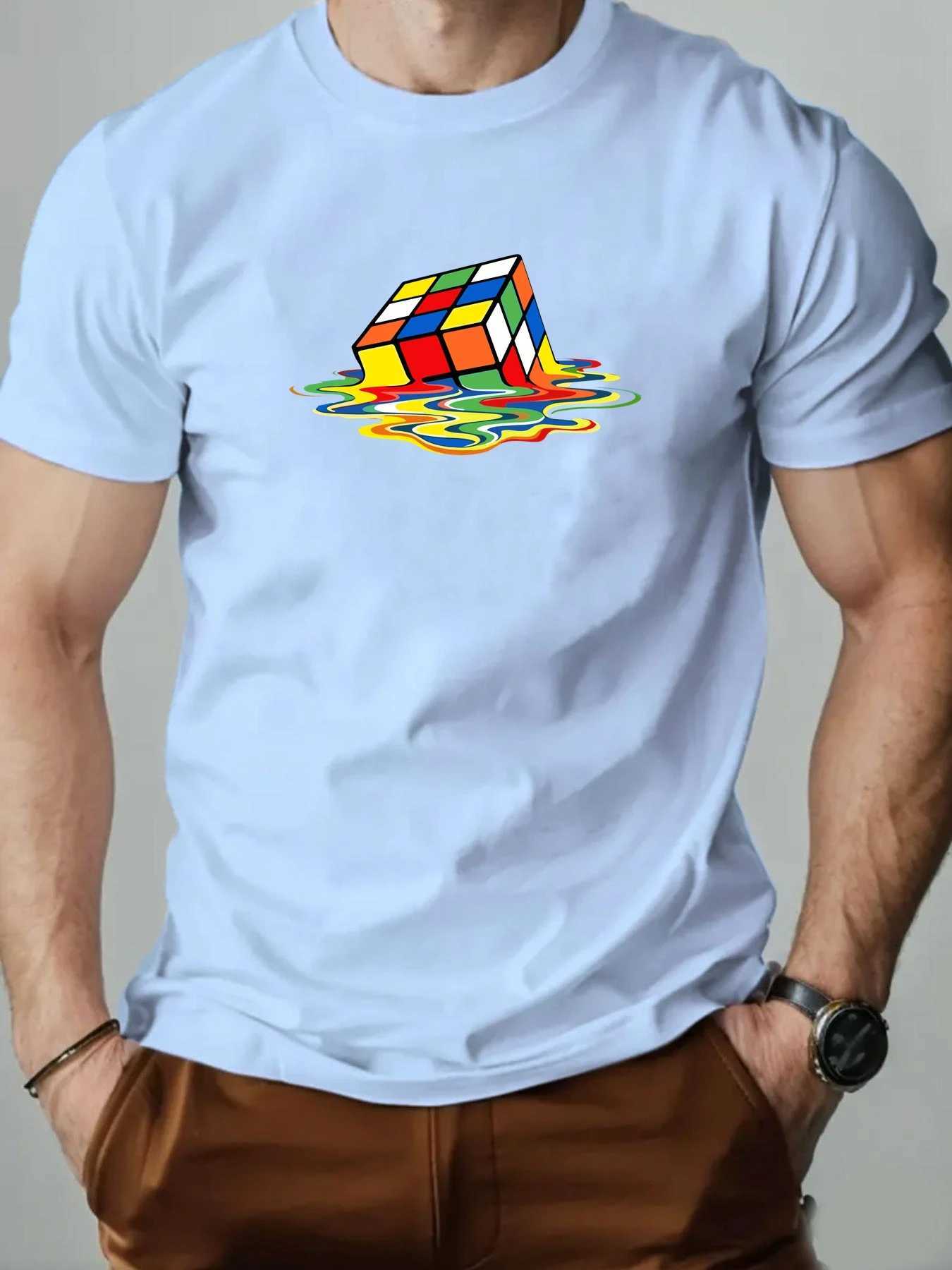 Men t-shirt 100% Cotton Melting Rubiks Cube Print Round Neck Breathable Streetwear Tee Casual Fashion High quality Clothing W250520
