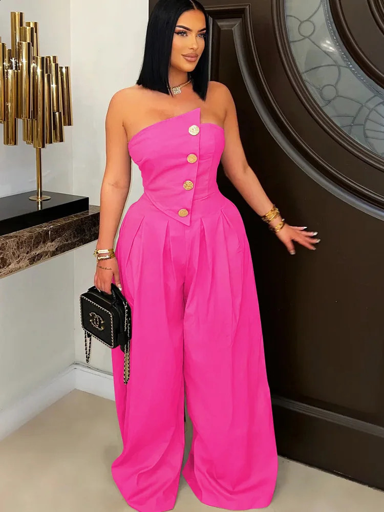 Beyprern Chic Button Details Palazzo Jumpsuit One Piece Outfits Womens Ruched Strapless Wide Legs Jumpsuits Romper Clubwear 250519