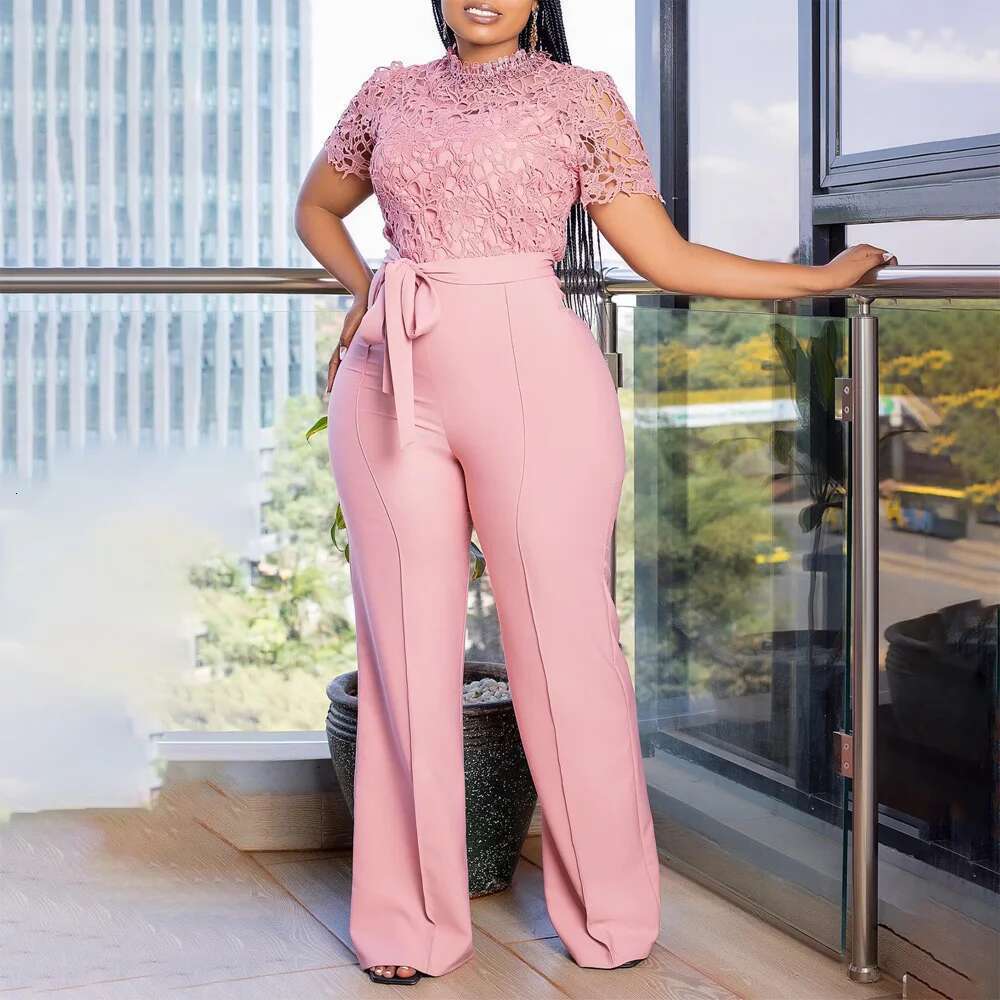 Elegant Jumpsuits & Rompers For Women O Neck Lace Patchwork Short Sleeve Sashes High Waisted Birthday Party Dinner Outfit