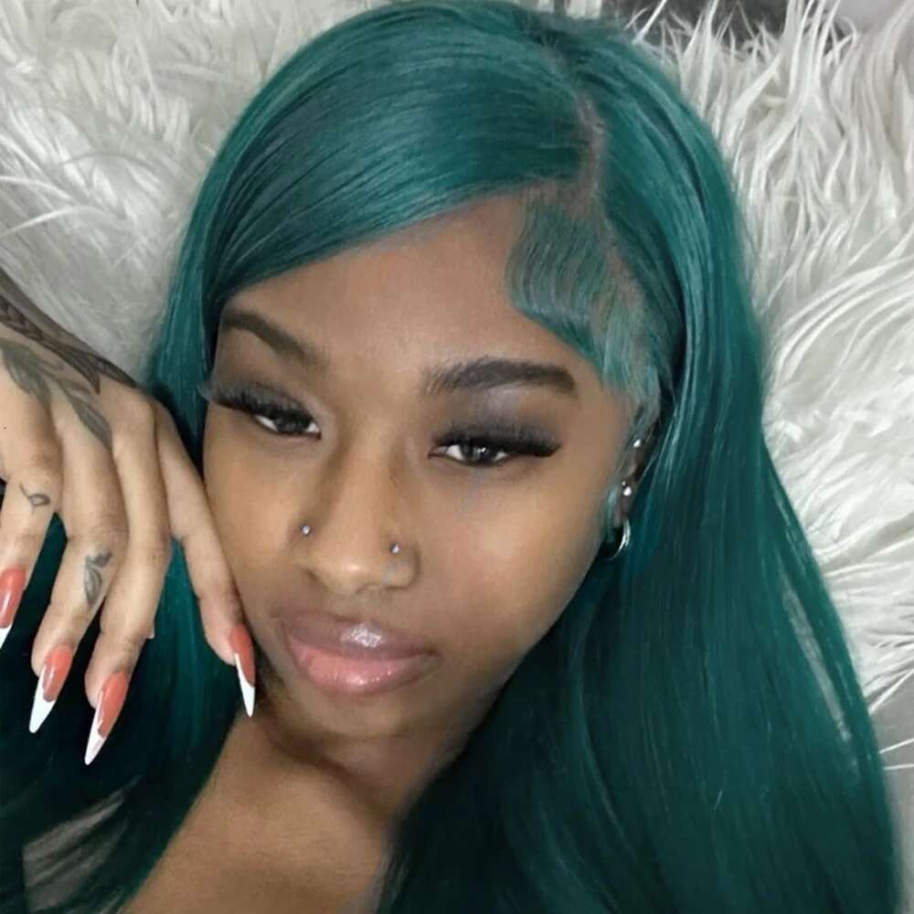 Dark Synthetic Long Straight Lace Front Silky Hair Glueless For Women Natural Hairline Green Wig Cosplay