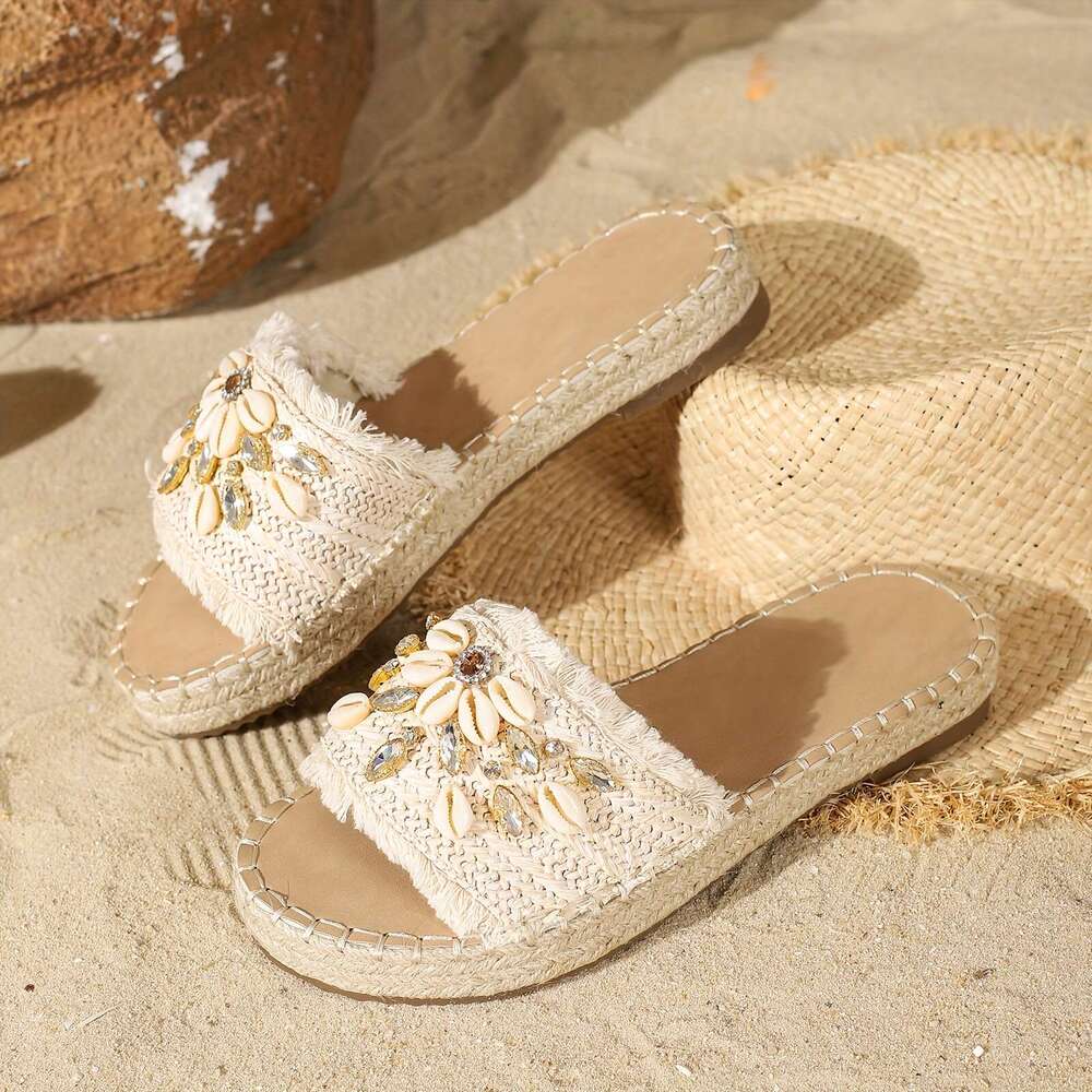 Stylish Rhinestone Shell Decor Peep Toe Espadrille Slides Women Shoes - Comfortable Casual Outdoor Beach Travel Vacation Sandals with Breathable Insol