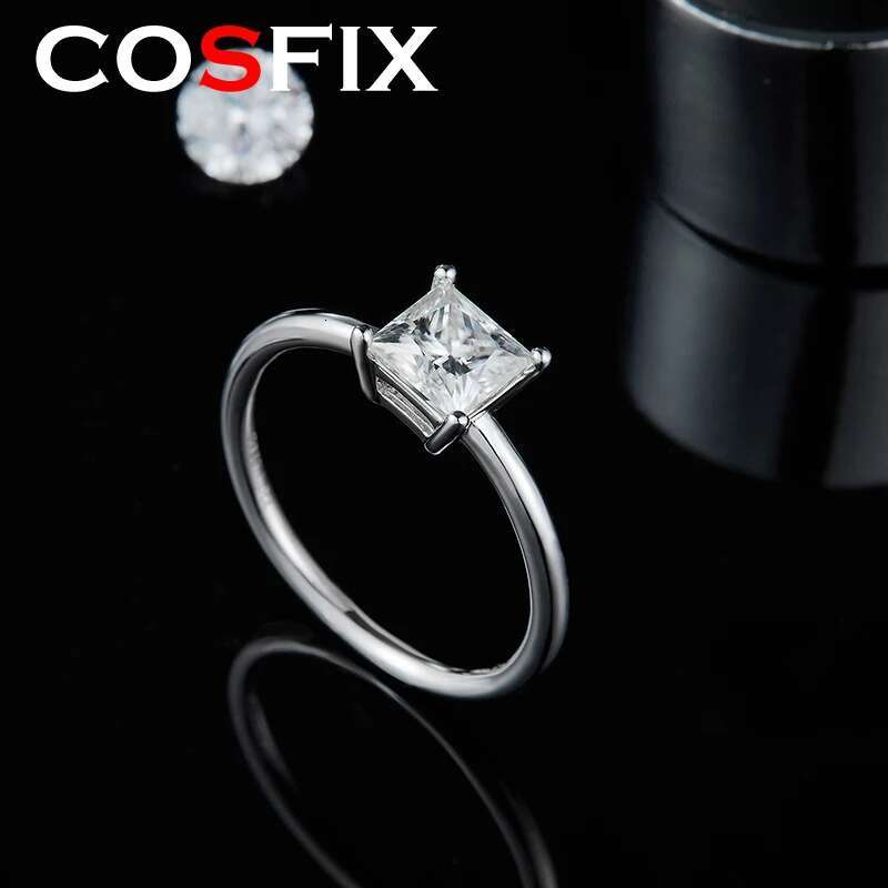 COSFIX Sterling Silver Engagement Ring for Women 1.0ct D Color Princess Cut Moissanite Promise Anniversary Rings Jewelry Gifts