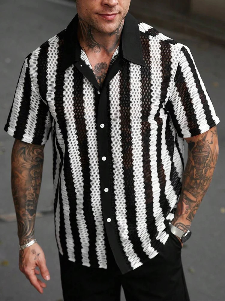 Trendy Mens Knitted Shirts Summer Casual Hollow Out Breathable Cardigans Men Beach Fashion Short Sleeve Striped Knit Shirt 250520
