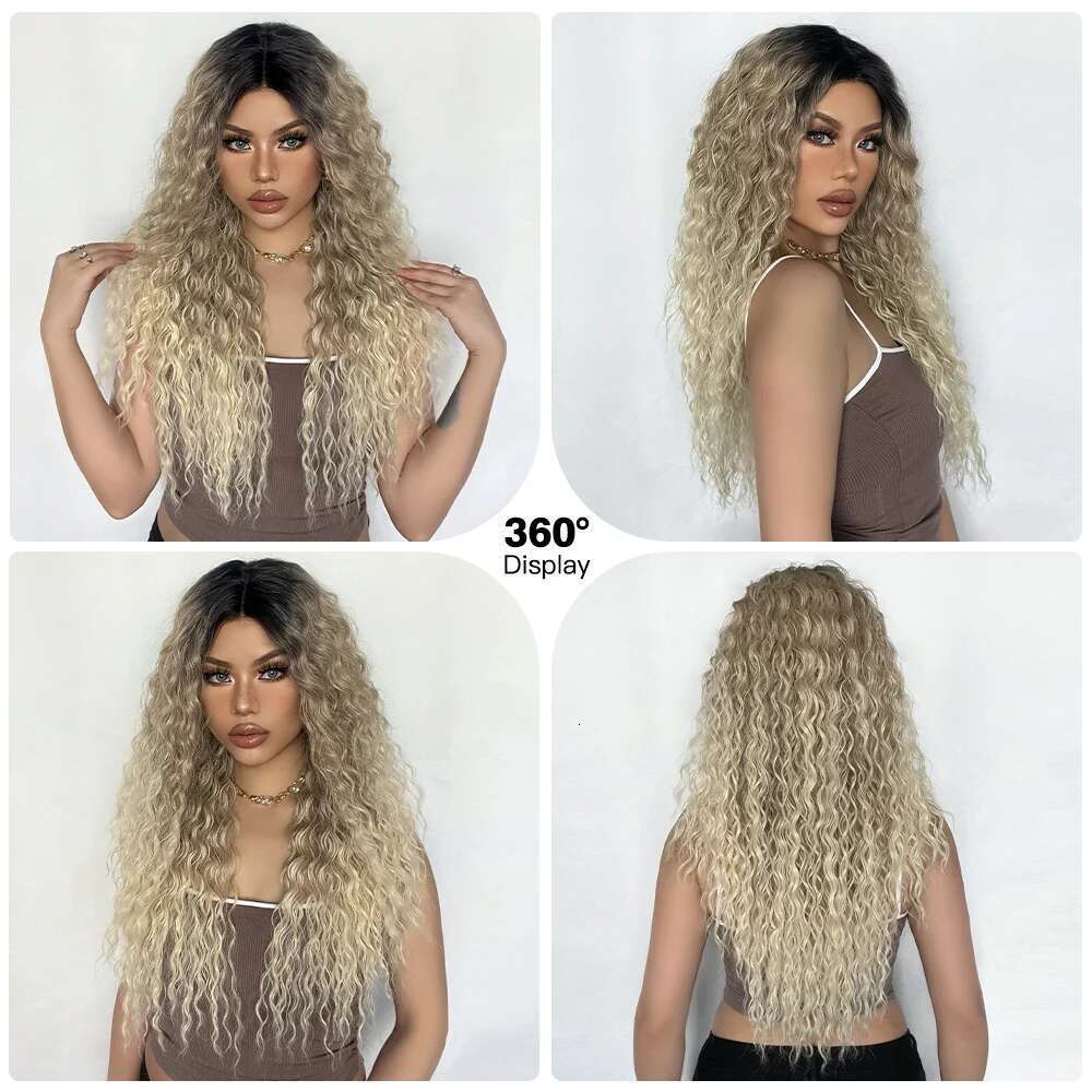 Long Afro Kinky Curly Front Synthetic Wigs Brown Blonde Ombre Dark Root Transparent Deep T Part Lace Wig for Women Use