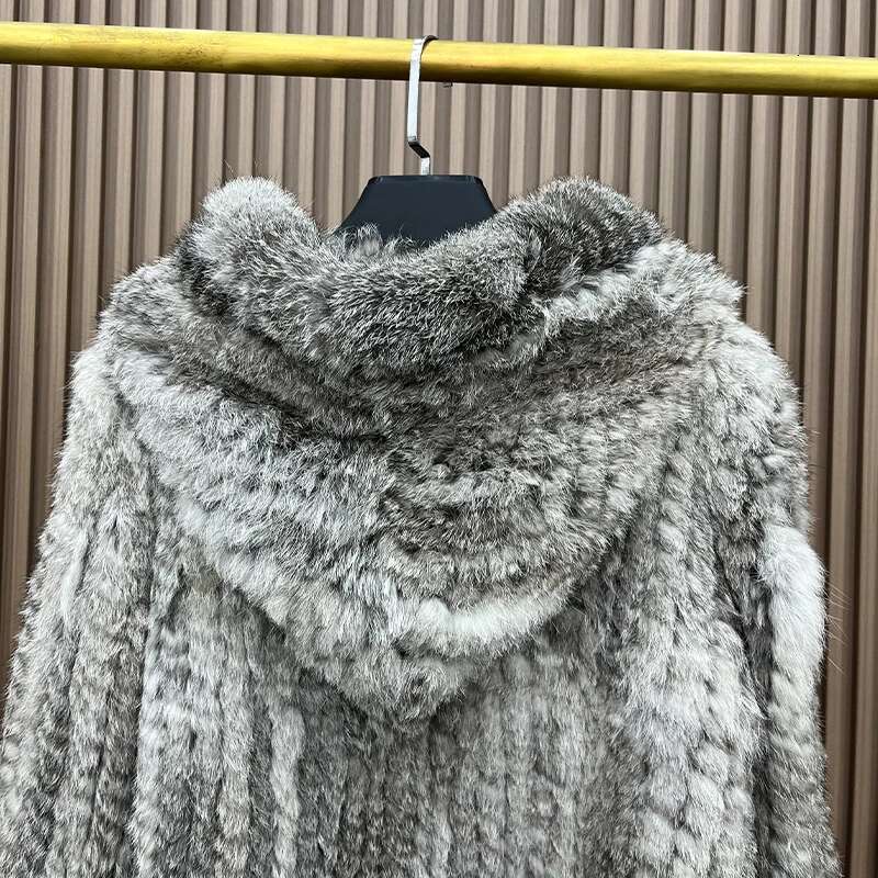 2023 Autumn Winter Women Real Natural Rabbit Thick Coat 100% Fur Warm Jacket Loose Knited Hooded Full Sleeves