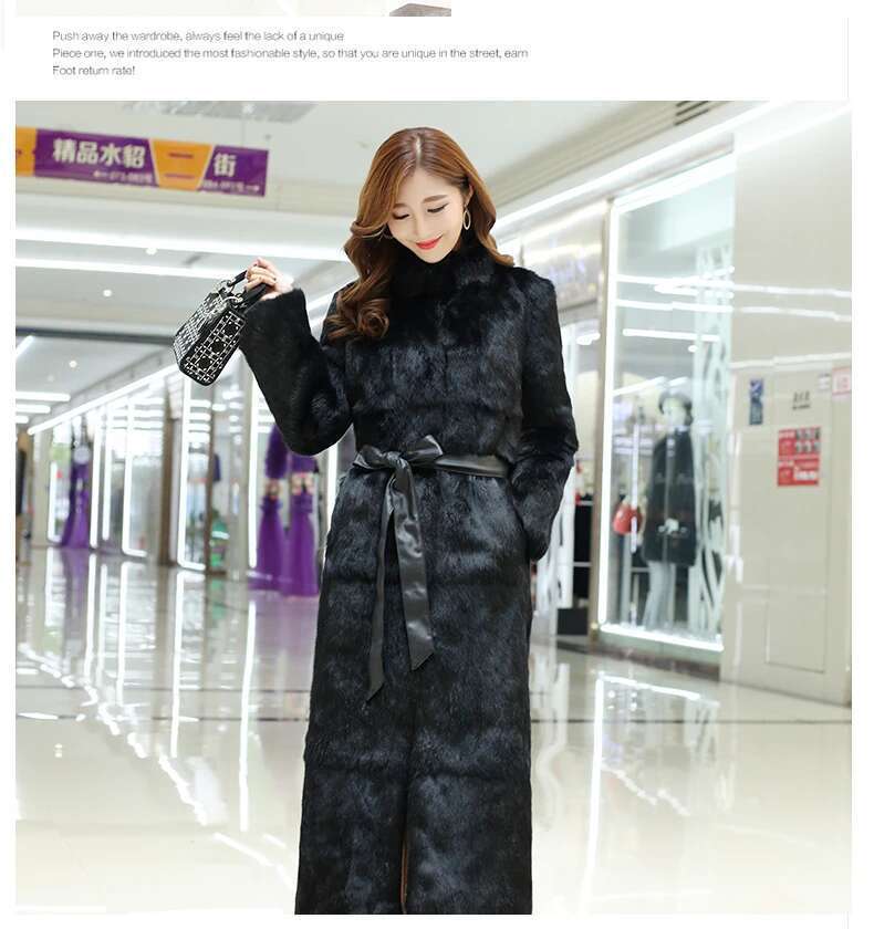 New Real Genuine Natural Rabbit Coat Women's Stand Collar X-Long Fashion Fur Jacket Outwear Custom Any Size Designer