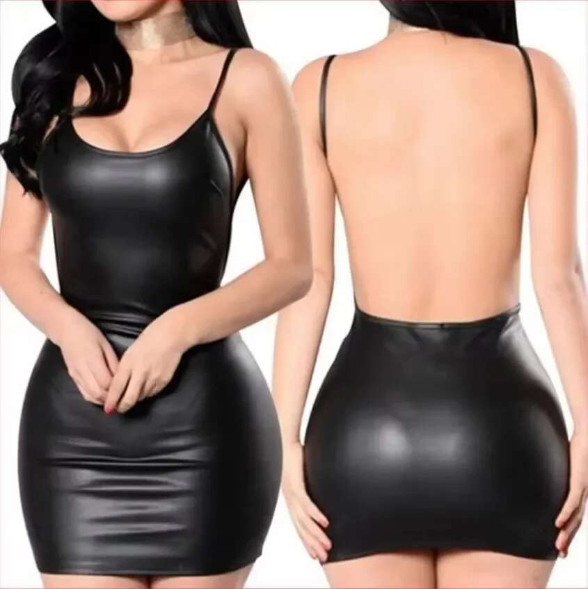 Sexy Faux Leather Backless Club Party Short Solid Black Wet Look Latex Bodycon Push Up Bra Mini Micro Dress