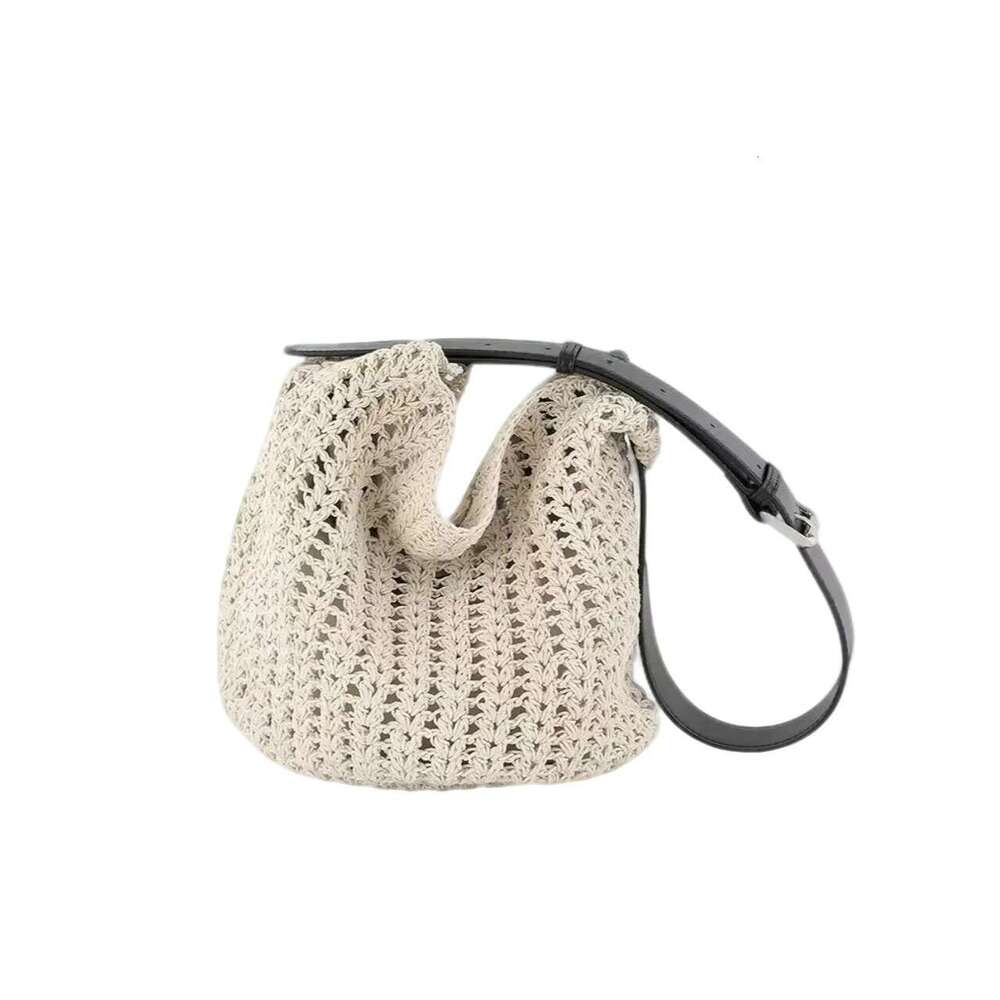 Women's Bohemian Beach Bucket Bag - Beige Nylon Drawstring Purse with Hollow Tassels, Waterproof Lightweight & Inner Pock