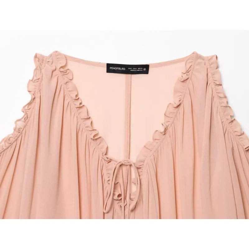 TRAF Womens Off Shoulder Chiffon Summer V NeckTop Casual Loose Tierred Blouse Female Shirts Blouses 250520