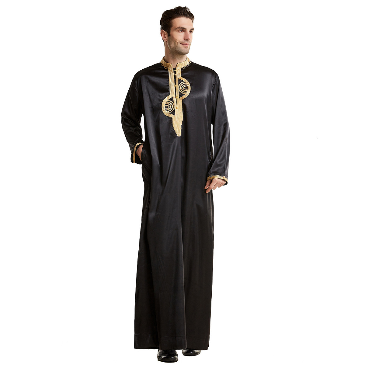 Designer Clothing Embroidery Collar Robe Solid Color Simulation Silk New Standing Collar Ethnic Clothing Men's Clothing 2025 New Style