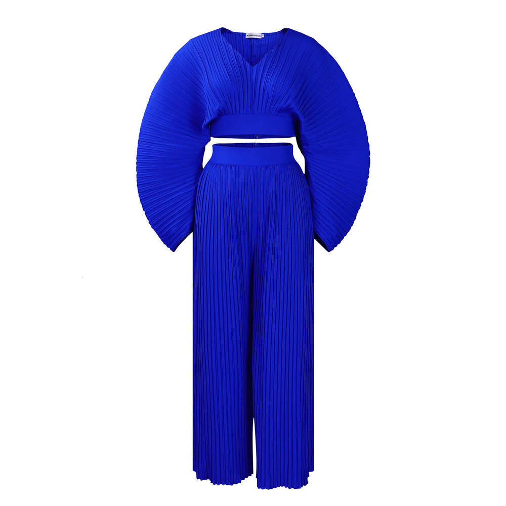 Women's Wear D3271 Women's New Spring Loose Pleated V-Neck Top Wide Leg Pants Two-Piece Set