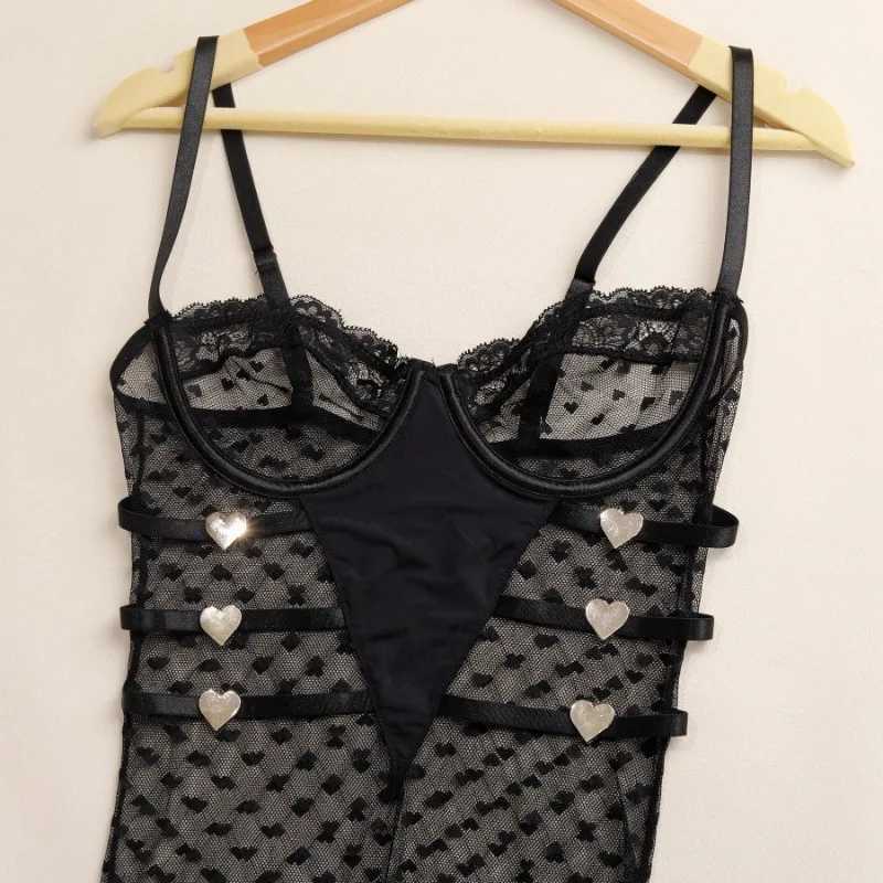Sexy Nightgown Lingerie Set Women Lace Patchwork Mesh Sexy See-through Jumpsuit Printed Suspender Dress Underwear Set R250520