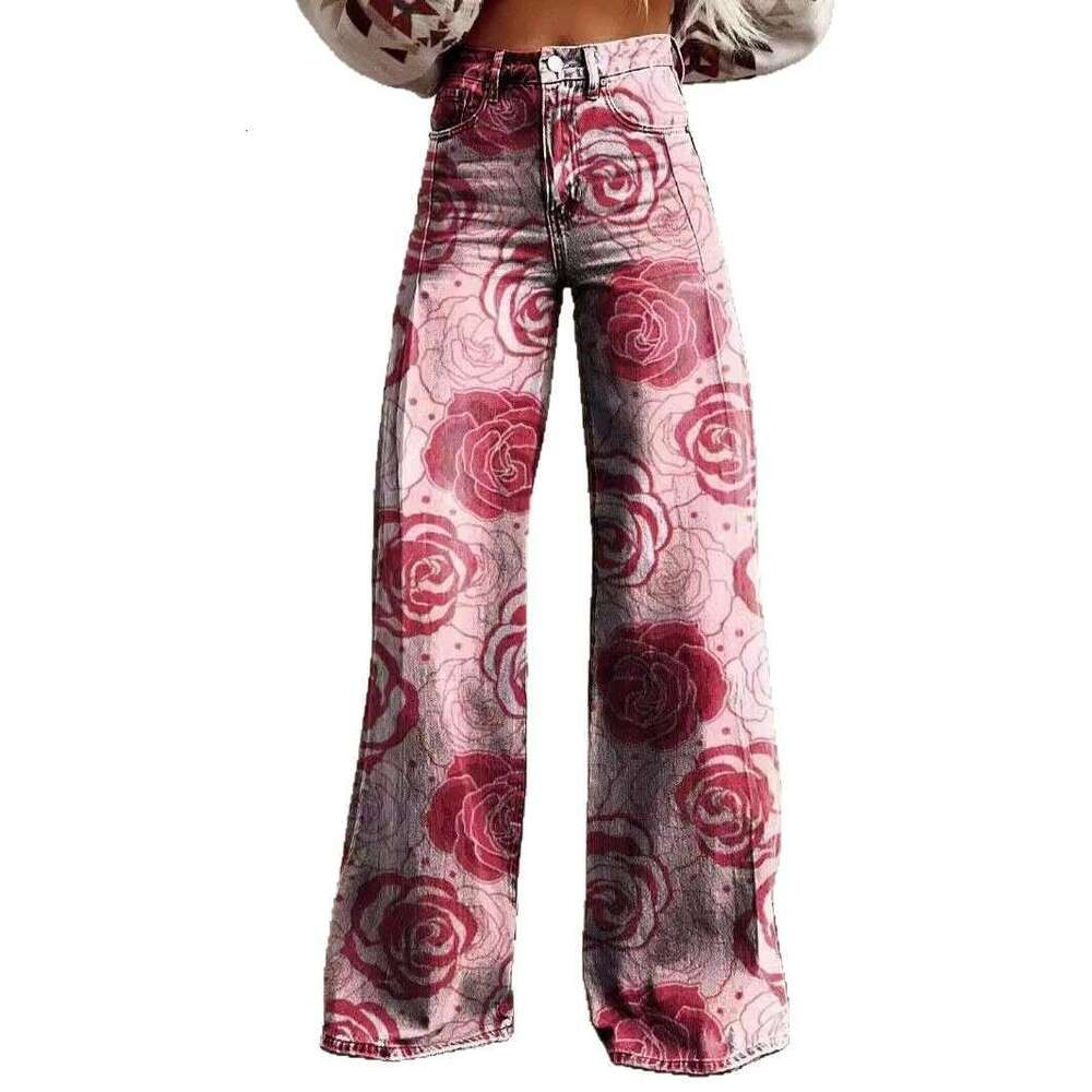 Women's High-Waisted Wide-Leg Printed Stretch Jeans - Casual Fashion with Flare