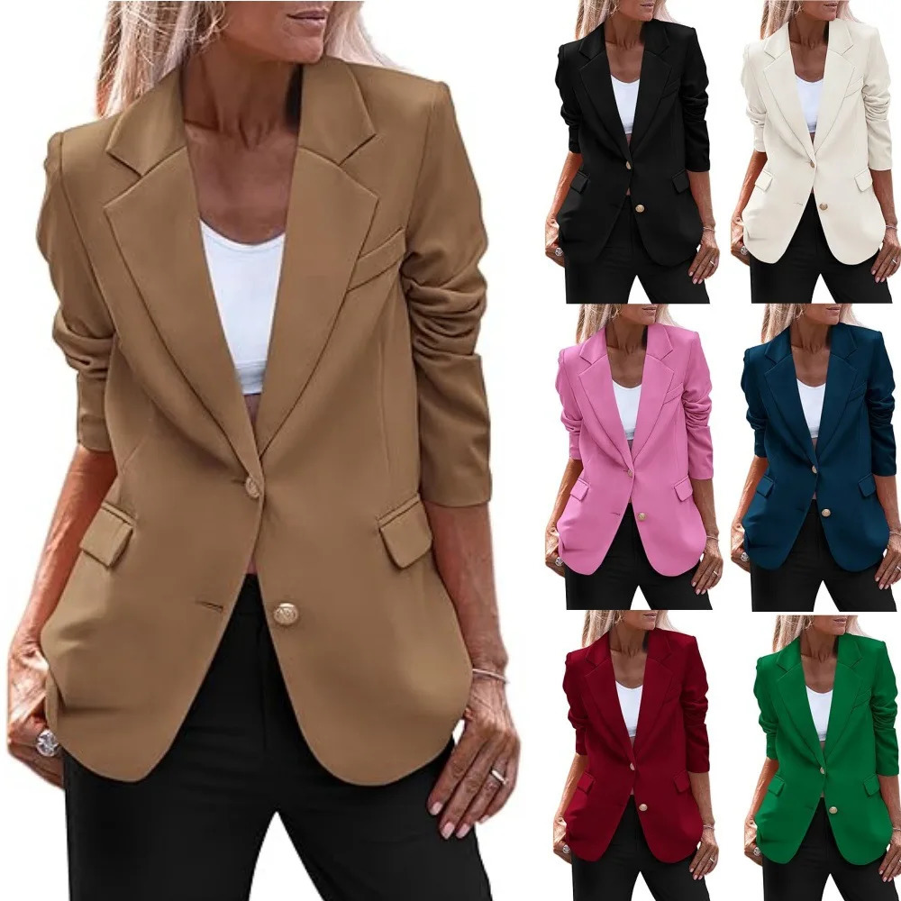 Womens Blazer Autumn Winter Lapel Single-breasted Long-sleeved Pocket Slim Solid Color Suit Jacket Office Lady 250515