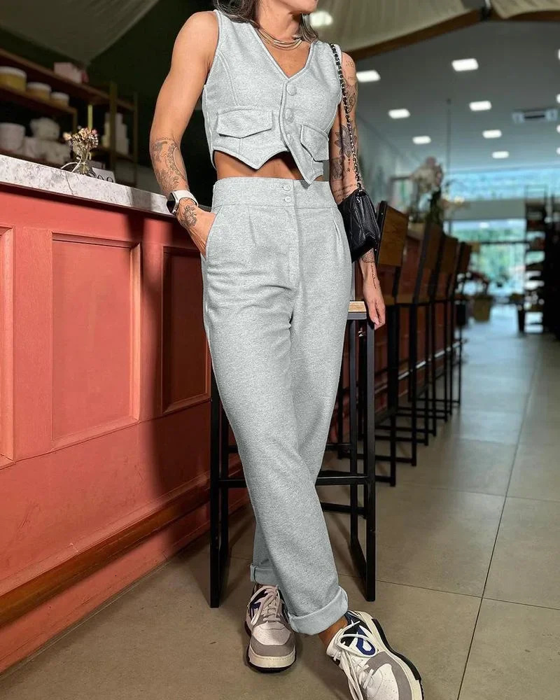 Two Piece Sets Women V Neck Sleeveless Single Breasted Vest Tops Casual Straight Long Pants Set Regular Splice Autumn 250516