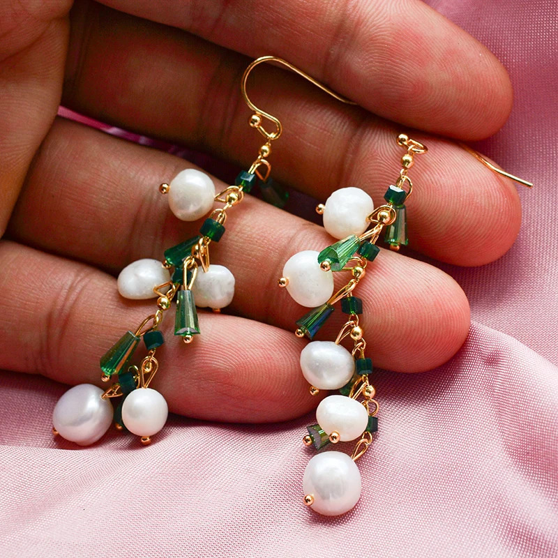 Arrival Trendy Green Crystal Natural Freshwater Pearl 14K Gold Filled Female Tassels Drop Earrings Jewelry For Women Gifts 250517