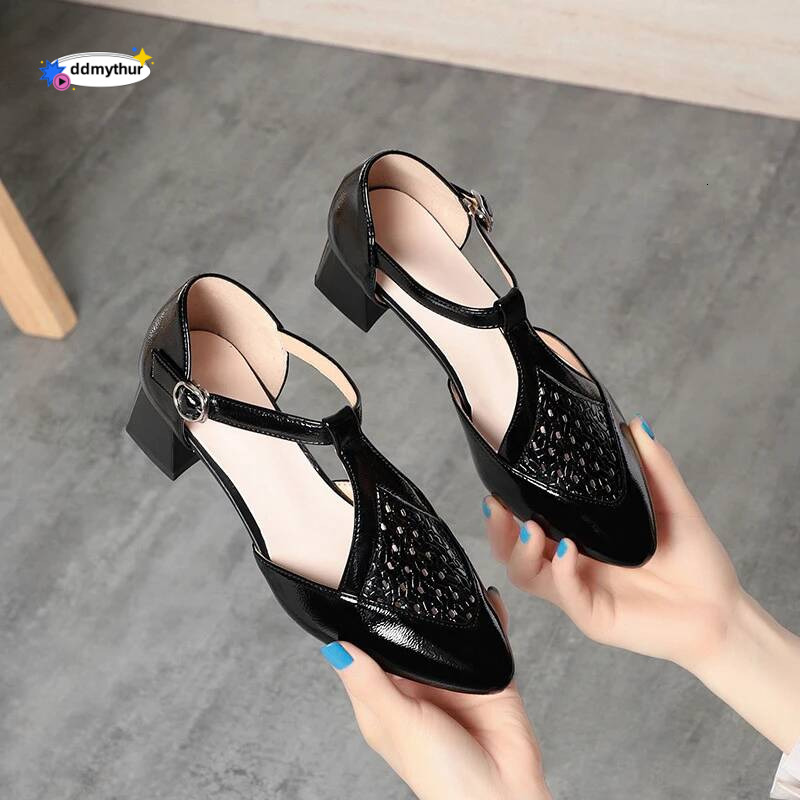 Baotou Sandals For Women In Summer 5cm Pointed Toe Woven Hollow Shallow Mouth T-Buckle Thick Heel Commuting Single Shoes Fashion ddmythur