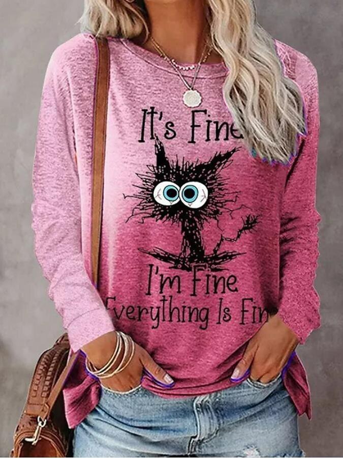2025 New Women's Plus Size Pet Cat Printed Designer Clothing Round Neck Long Sleeve T-shirt Fashion Trendy Clothing