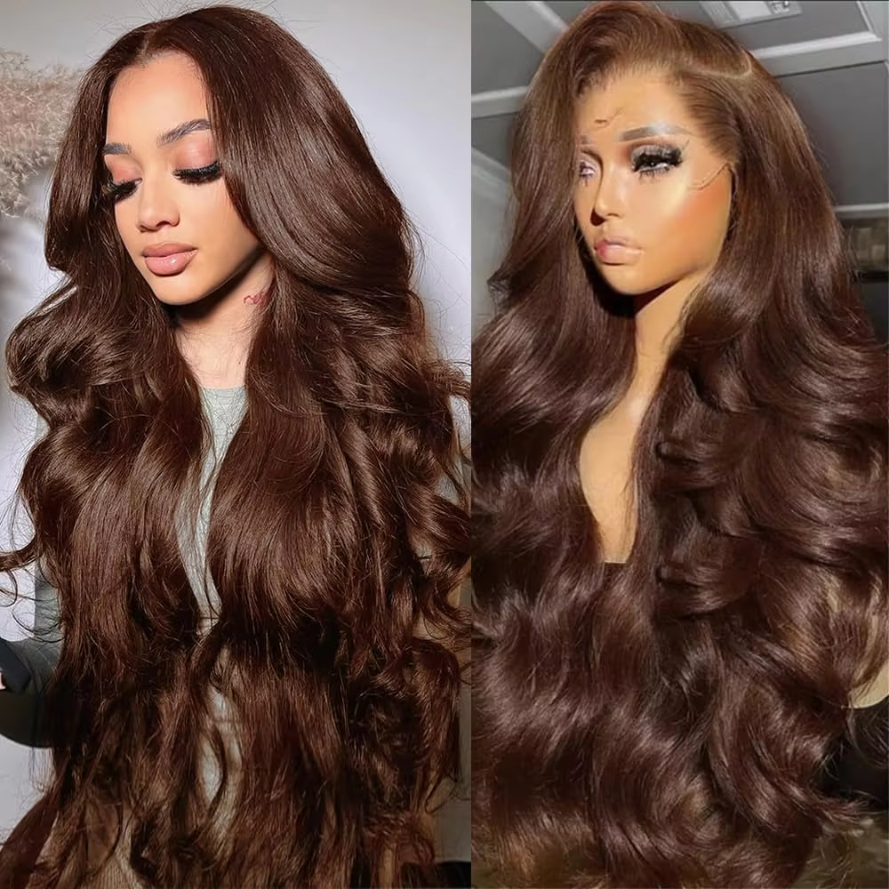 Pervian Lace Front Wigs Chocolate Brown Simulaiton Human Hair 34 Inch Body Wave 13x4 Lace Frontal Wigs Transparent Lace Closure Wig Transparent Synthe