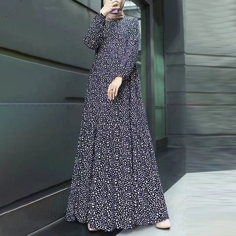 2025 Designer Fashion Muslim Comfortable Casual Polka Dot Sleeve Pullover Loose Waist Long Dress