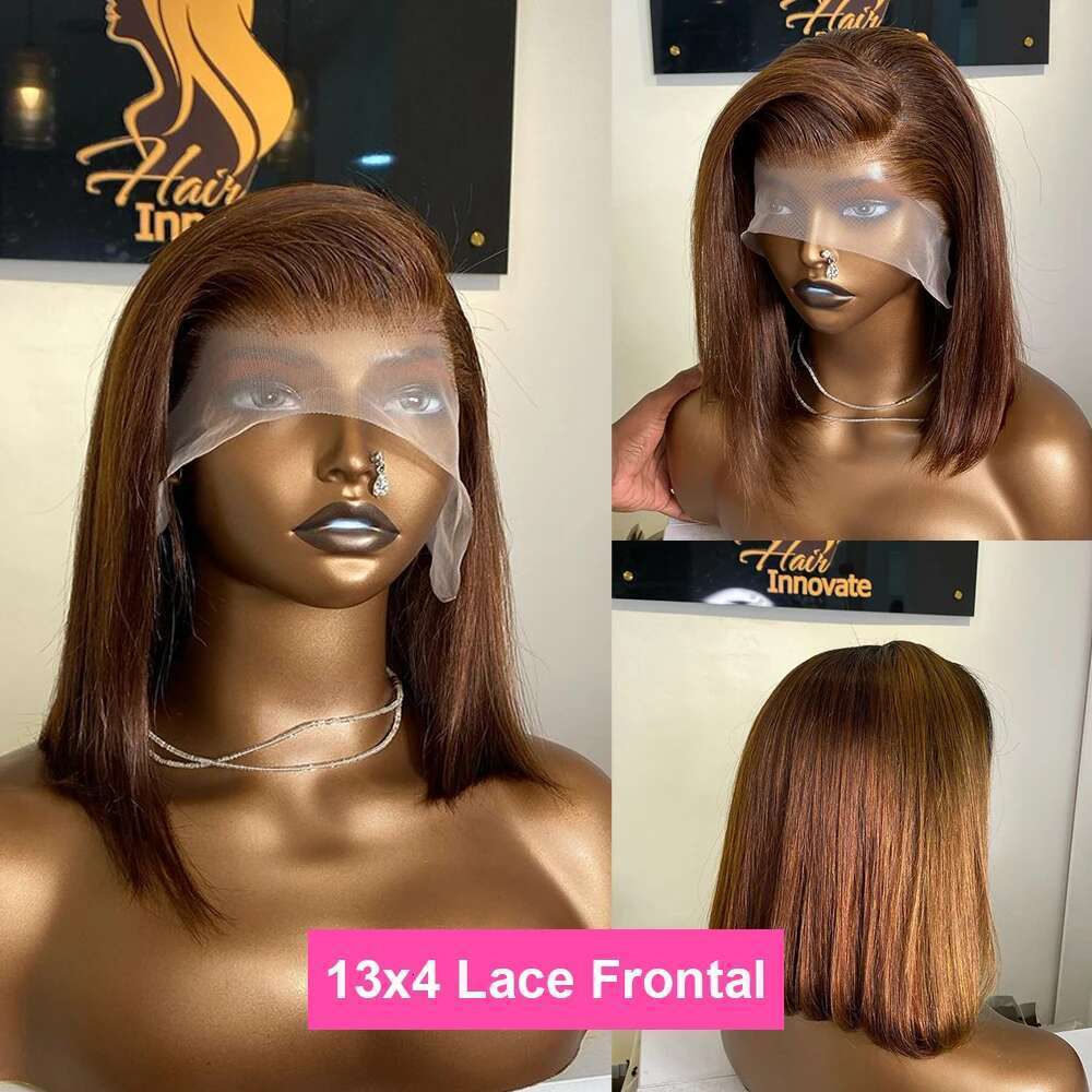 Vieamese Straight 100% Human Hair Chocolate Brown Color 13x4 Full Lace Frontal Double Drawn Bob Wig with For Black Women